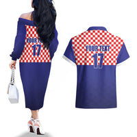 Custom Croatia Football Couples Matching Off The Shoulder Long Sleeve Dress and Hawaiian Shirt Sporty Style