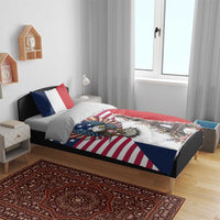 French American Heritage Month Bedding Set Flag Style with USA Eagle and Eiffel Tower