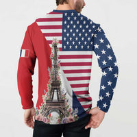 French American Heritage Month Button Sweatshirt Flag Style with USA Eagle and Eiffel Tower