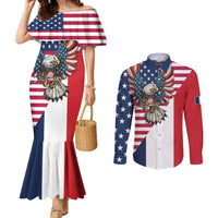French American Heritage Month Couples Matching Mermaid Dress and Long Sleeve Button Shirt Flag Style with USA Eagle and Eiffel Tower