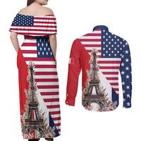 French American Heritage Month Couples Matching Off Shoulder Maxi Dress and Long Sleeve Button Shirt Flag Style with USA Eagle and Eiffel Tower