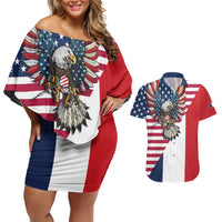 French American Heritage Month Couples Matching Off Shoulder Short Dress and Hawaiian Shirt Flag Style with USA Eagle and Eiffel Tower