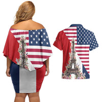 French American Heritage Month Couples Matching Off Shoulder Short Dress and Hawaiian Shirt Flag Style with USA Eagle and Eiffel Tower