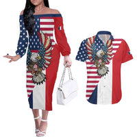 French American Heritage Month Couples Matching Off The Shoulder Long Sleeve Dress and Hawaiian Shirt Flag Style with USA Eagle and Eiffel Tower
