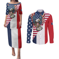 French American Heritage Month Couples Matching Puletasi and Long Sleeve Button Shirt Flag Style with USA Eagle and Eiffel Tower