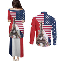 French American Heritage Month Couples Matching Puletasi and Long Sleeve Button Shirt Flag Style with USA Eagle and Eiffel Tower