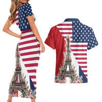 French American Heritage Month Couples Matching Short Sleeve Bodycon Dress and Hawaiian Shirt Flag Style with USA Eagle and Eiffel Tower