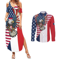 French American Heritage Month Couples Matching Summer Maxi Dress and Long Sleeve Button Shirt Flag Style with USA Eagle and Eiffel Tower