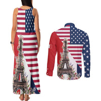 French American Heritage Month Couples Matching Tank Maxi Dress and Long Sleeve Button Shirt Flag Style with USA Eagle and Eiffel Tower