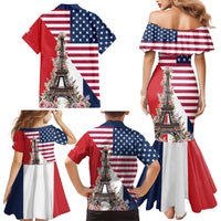 French American Heritage Month Family Matching Mermaid Dress and Hawaiian Shirt Flag Style with USA Eagle and Eiffel Tower