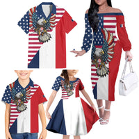 French American Heritage Month Family Matching Off The Shoulder Long Sleeve Dress and Hawaiian Shirt Flag Style with USA Eagle and Eiffel Tower