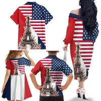 French American Heritage Month Family Matching Off The Shoulder Long Sleeve Dress and Hawaiian Shirt Flag Style with USA Eagle and Eiffel Tower