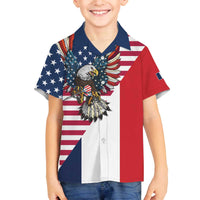 French American Heritage Month Family Matching Off The Shoulder Long Sleeve Dress and Hawaiian Shirt Flag Style with USA Eagle and Eiffel Tower
