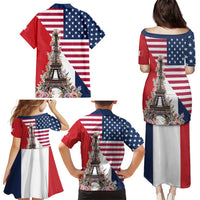 French American Heritage Month Family Matching Puletasi and Hawaiian Shirt Flag Style with USA Eagle and Eiffel Tower