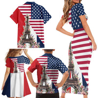 French American Heritage Month Family Matching Short Sleeve Bodycon Dress and Hawaiian Shirt Flag Style with USA Eagle and Eiffel Tower
