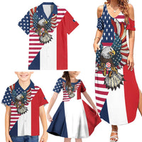 French American Heritage Month Family Matching Summer Maxi Dress and Hawaiian Shirt Flag Style with USA Eagle and Eiffel Tower