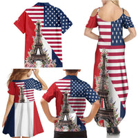French American Heritage Month Family Matching Summer Maxi Dress and Hawaiian Shirt Flag Style with USA Eagle and Eiffel Tower