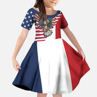 French American Heritage Month Kid Short Sleeve Dress Flag Style with USA Eagle and Eiffel Tower