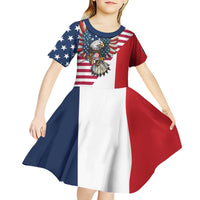 French American Heritage Month Kid Short Sleeve Dress Flag Style with USA Eagle and Eiffel Tower