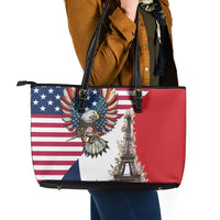 French American Heritage Month Leather Tote Bag Flag Style with USA Eagle and Eiffel Tower