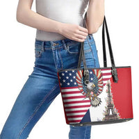 French American Heritage Month Leather Tote Bag Flag Style with USA Eagle and Eiffel Tower