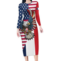 French American Heritage Month Long Sleeve Bodycon Dress Flag Style with USA Eagle and Eiffel Tower