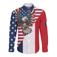 French American Heritage Month Long Sleeve Button Shirt Flag Style with USA Eagle and Eiffel Tower
