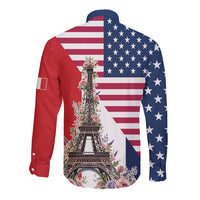 French American Heritage Month Long Sleeve Button Shirt Flag Style with USA Eagle and Eiffel Tower