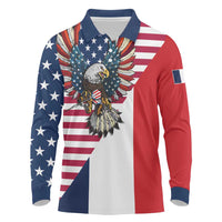 French American Heritage Month Long Sleeve Polo Shirt Flag Style with USA Eagle and Eiffel Tower