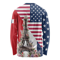 French American Heritage Month Long Sleeve Shirt Flag Style with USA Eagle and Eiffel Tower