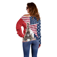 French American Heritage Month Off Shoulder Sweater Flag Style with USA Eagle and Eiffel Tower