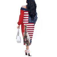 French American Heritage Month Off The Shoulder Long Sleeve Dress Flag Style with USA Eagle and Eiffel Tower