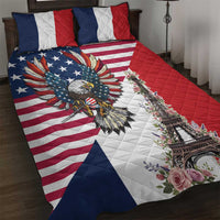 French American Heritage Month Quilt Bed Set Flag Style with USA Eagle and Eiffel Tower