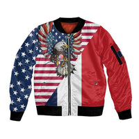 French American Heritage Month Sleeve Zip Bomber Jacket Flag Style with USA Eagle and Eiffel Tower