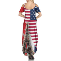 French American Heritage Month Summer Maxi Dress Flag Style with USA Eagle and Eiffel Tower