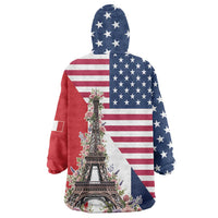 French American Heritage Month Wearable Blanket Hoodie Flag Style with USA Eagle and Eiffel Tower