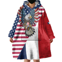 French American Heritage Month Wearable Blanket Hoodie Flag Style with USA Eagle and Eiffel Tower