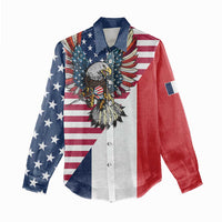 French American Heritage Month Women Casual Shirt Flag Style with USA Eagle and Eiffel Tower