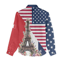 French American Heritage Month Women Casual Shirt Flag Style with USA Eagle and Eiffel Tower