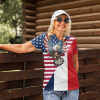 French American Heritage Month Women Polo Shirt Flag Style with USA Eagle and Eiffel Tower