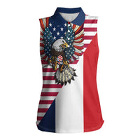 French American Heritage Month Women Sleeveless Polo Shirt Flag Style with USA Eagle and Eiffel Tower