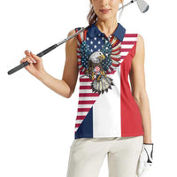 French American Heritage Month Women Sleeveless Polo Shirt Flag Style with USA Eagle and Eiffel Tower