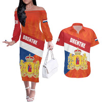 Netherlands Drenthe Province Personalized Couples Matching Off The Shoulder Long Sleeve Dress and Hawaiian Shirt Flag of Drenthe