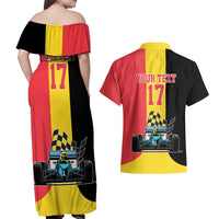 Custom Belgium Formula One Couples Matching Off Shoulder Maxi Dress and Hawaiian Shirt Motorsport with Flag F1 World Championship