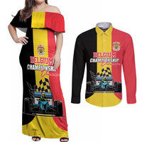 Custom Belgium Formula One Couples Matching Off Shoulder Maxi Dress and Long Sleeve Button Shirt Motorsport with Flag F1 World Championship