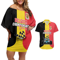 Custom Belgium Formula One Couples Matching Off Shoulder Short Dress and Hawaiian Shirt Motorsport with Flag F1 World Championship
