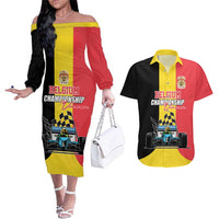 Custom Belgium Formula One Couples Matching Off The Shoulder Long Sleeve Dress and Hawaiian Shirt Motorsport with Flag F1 World Championship