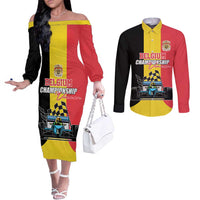 Custom Belgium Formula One Couples Matching Off The Shoulder Long Sleeve Dress and Long Sleeve Button Shirt Motorsport with Flag F1 World Championship