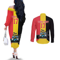Custom Belgium Formula One Couples Matching Off The Shoulder Long Sleeve Dress and Long Sleeve Button Shirt Motorsport with Flag F1 World Championship