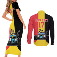 Custom Belgium Formula One Couples Matching Short Sleeve Bodycon Dress and Long Sleeve Button Shirt Motorsport with Flag F1 World Championship